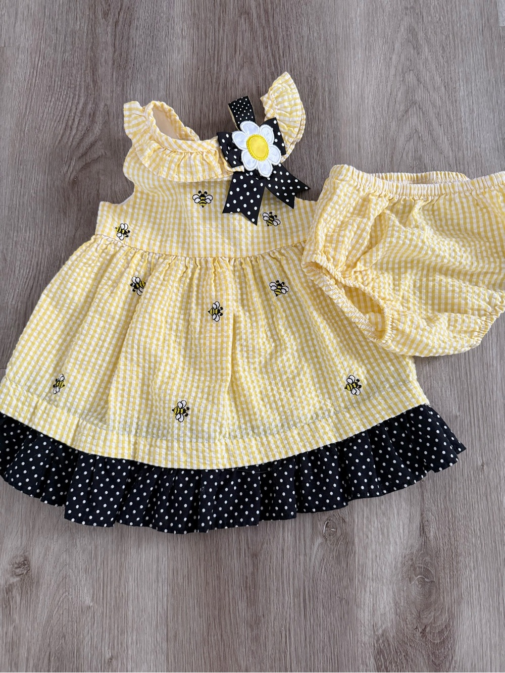 Yellow Bee Gingham Dress with Black Polka Dot Trim - Kids Dress